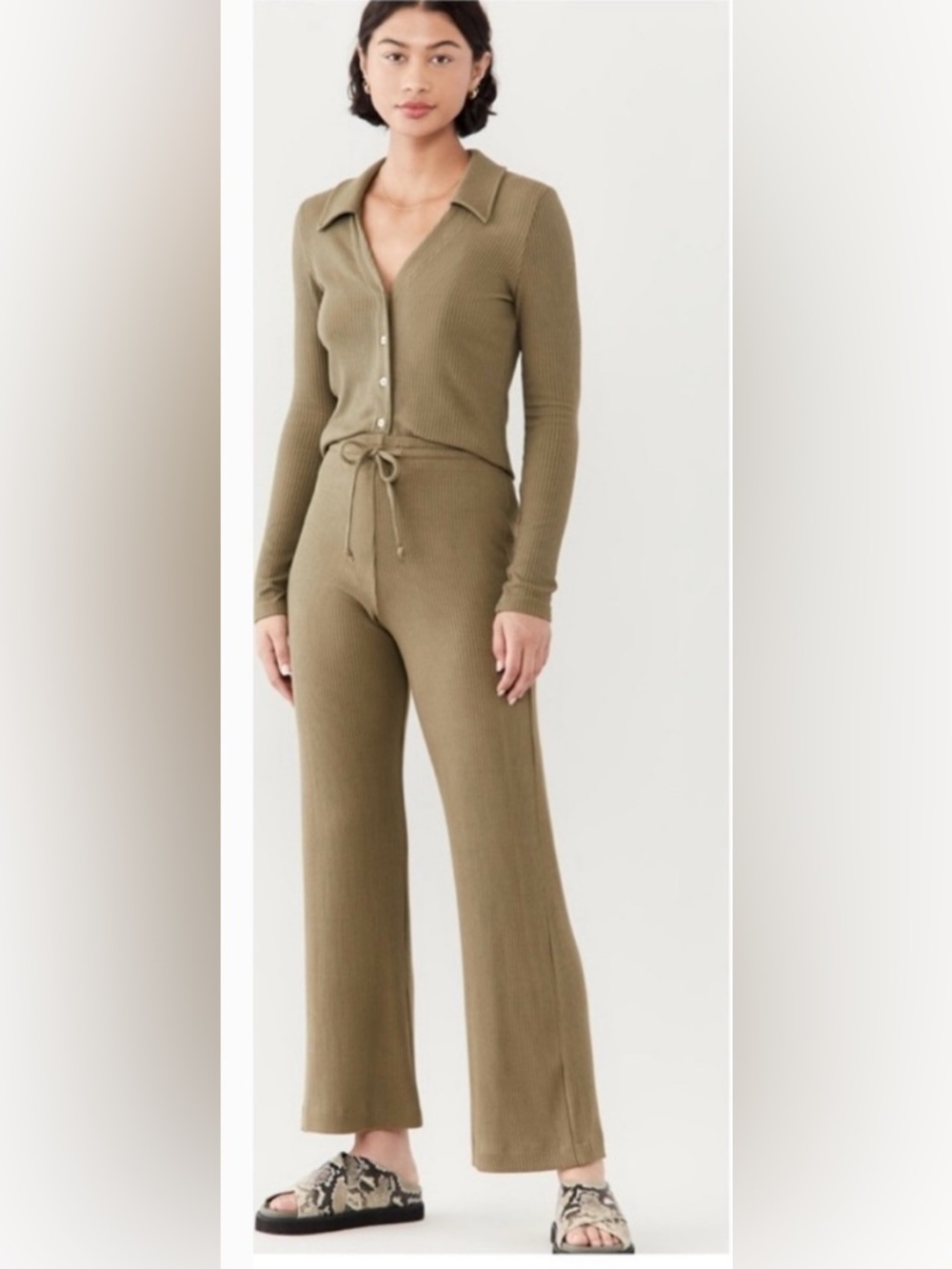 LESET Ribbed  Drawstring Pants - Olive Green . Size S